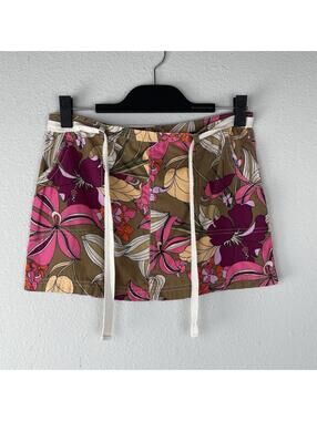 Vintage Y2K Roxy Mini Skirt Floral Hawaiian Tropical Cotton With Belt Size 5